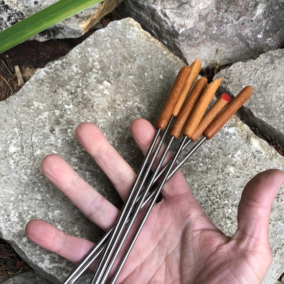 Set of Six Fondue Forks-Gently Used-Vintage Item-Wooden Handles - Picture 6 of 10
